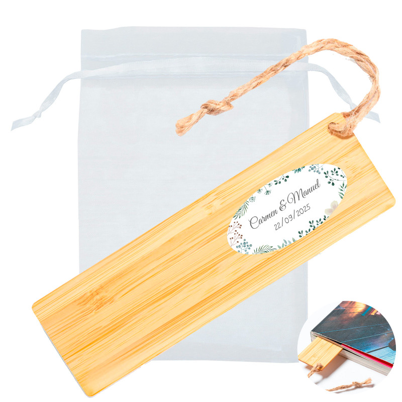 Marcador de página de bambu personalizado com adesivo floral para detalhes