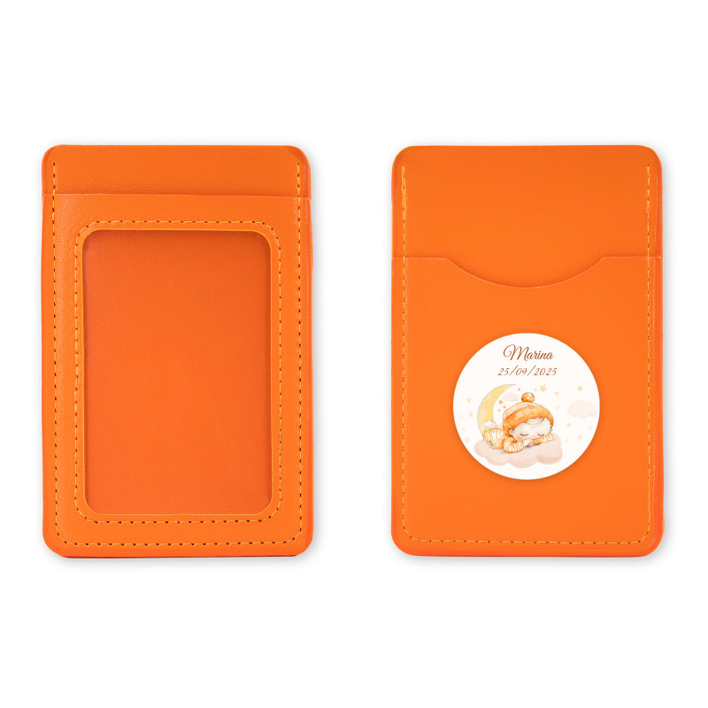 Porta-cartões laranja com adesivo de batizado personalizado para mais detalhes