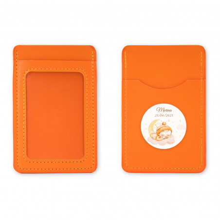 Porta-cartões laranja com adesivo de batizado personalizado para mais detalhes
