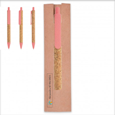 Caneta de palha de trigo rosa em estojo com adesivo de batizado para detalhes
