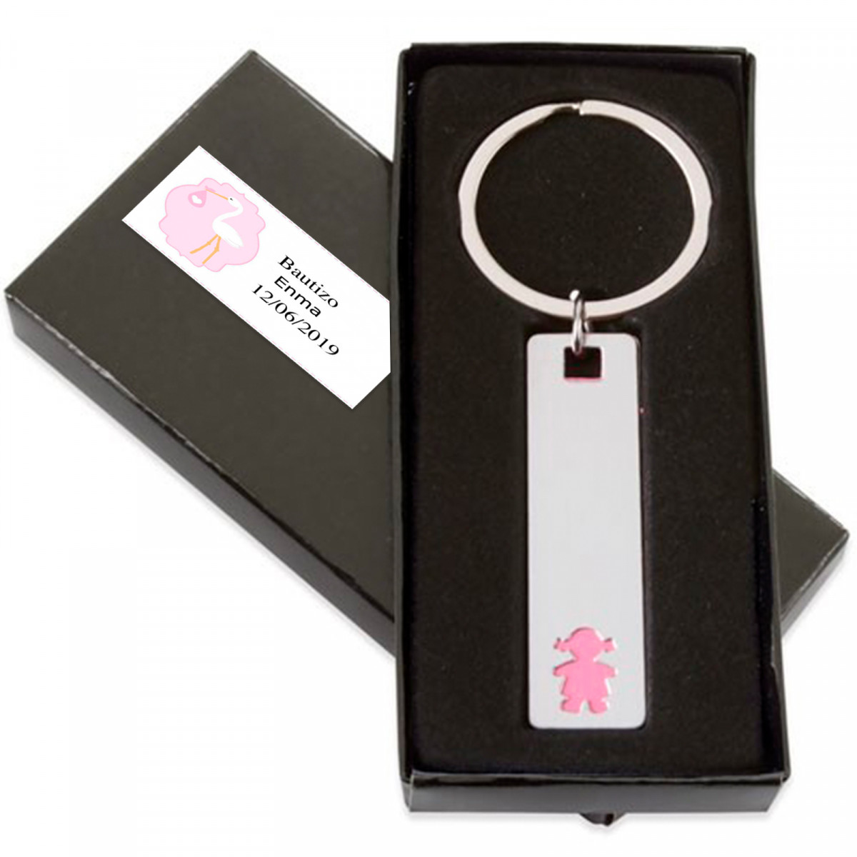 Chaveiro metálico menina com estojo preto e adesivo personalizado para detalhes de batizados
