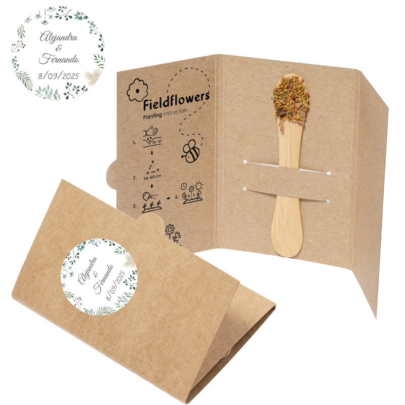 Sementes de flores silvestres em palitos para plantio com adesivos personalizáveis para presentear.