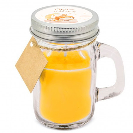 Vela aromática em frasco de vidro com alça e tampa de rosca personalizada com adesivo para detalhes de batizado