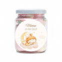 Pote de marshmallows doces com adesivo personalizado para batizados
