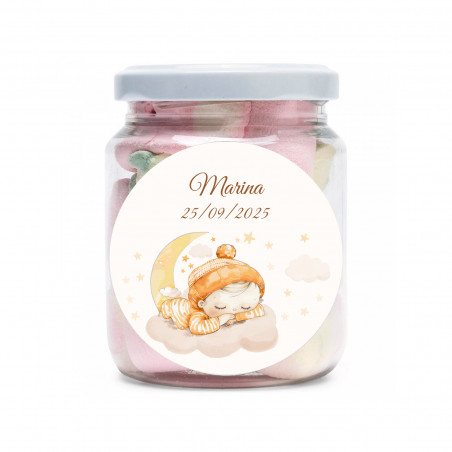 Pote de marshmallows doces com adesivo personalizado para batizados