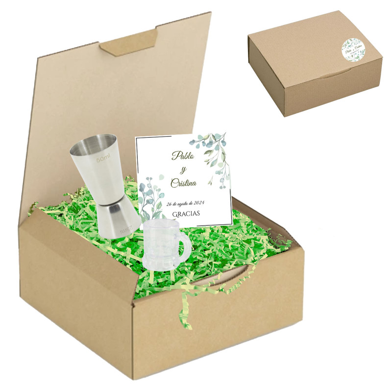 Dispensador de copos de shot com cartão e caixa personalizada para casamento