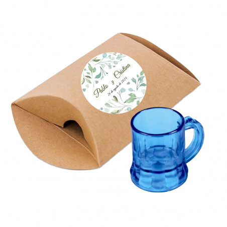 Copo de shot azul em caixa kraft personalizada