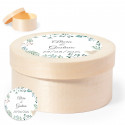 Caixa de madeira redonda com adesivo herbal personalizado