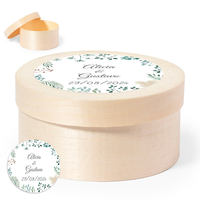 Caixa de madeira redonda com adesivo herbal personalizado
