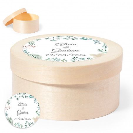 Caixa de madeira redonda com adesivo herbal personalizado