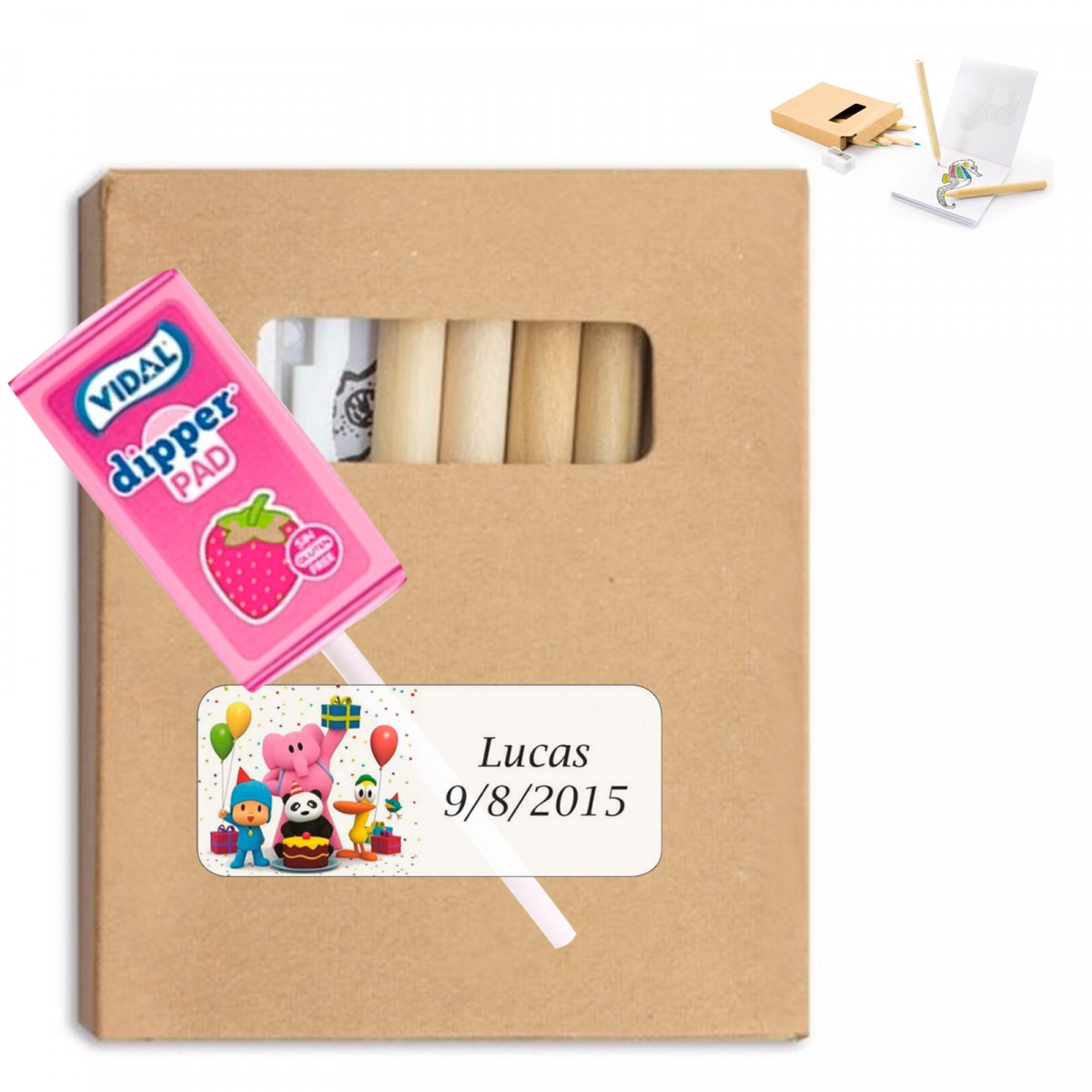 Caixa com lápis de cor e apontador com concha de morango e adesivo personalizado do Pocoyo para mais detalhes