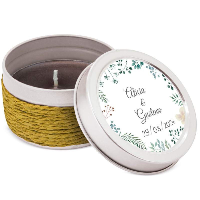 Vela em lata metálica com adesivo herbal de 5cm personalizado para detalhes