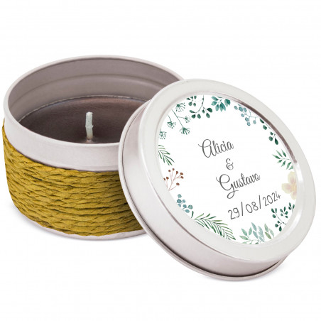 Vela em lata metálica com adesivo herbal de 5cm personalizado para detalhes