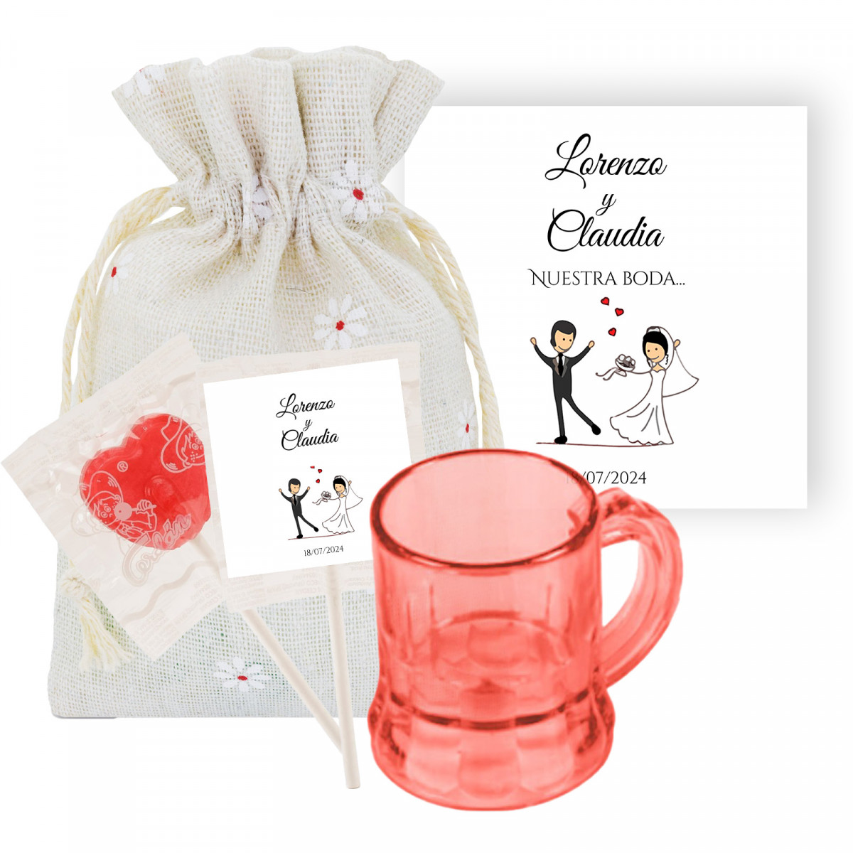 Copo de shot vermelho com pirulito personalizado e cartão de agradecimento em uma bolsa de pano decorada para casamentos