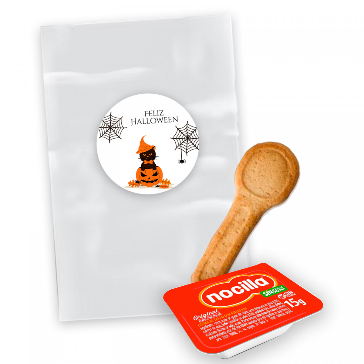Mini Nocilla 15g com colher para biscoitos em saco transparente com adesivo de Halloween personalizado para detalhes