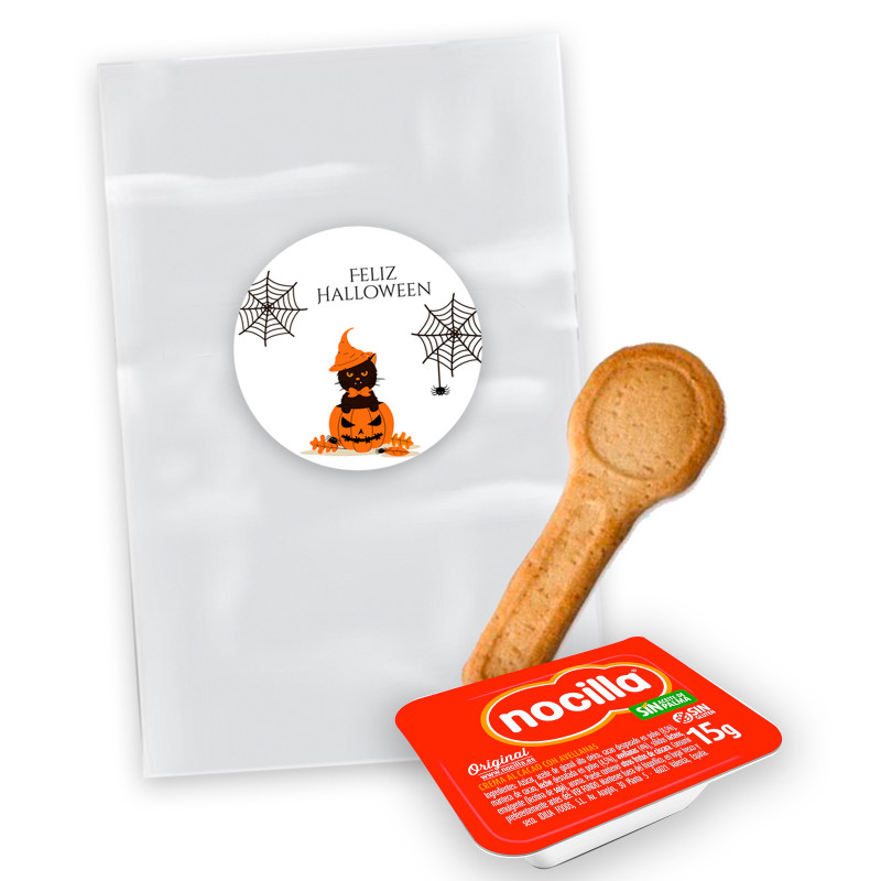 Mini Nocilla 15g com colher para biscoitos em saco transparente com adesivo de Halloween personalizado para detalhes