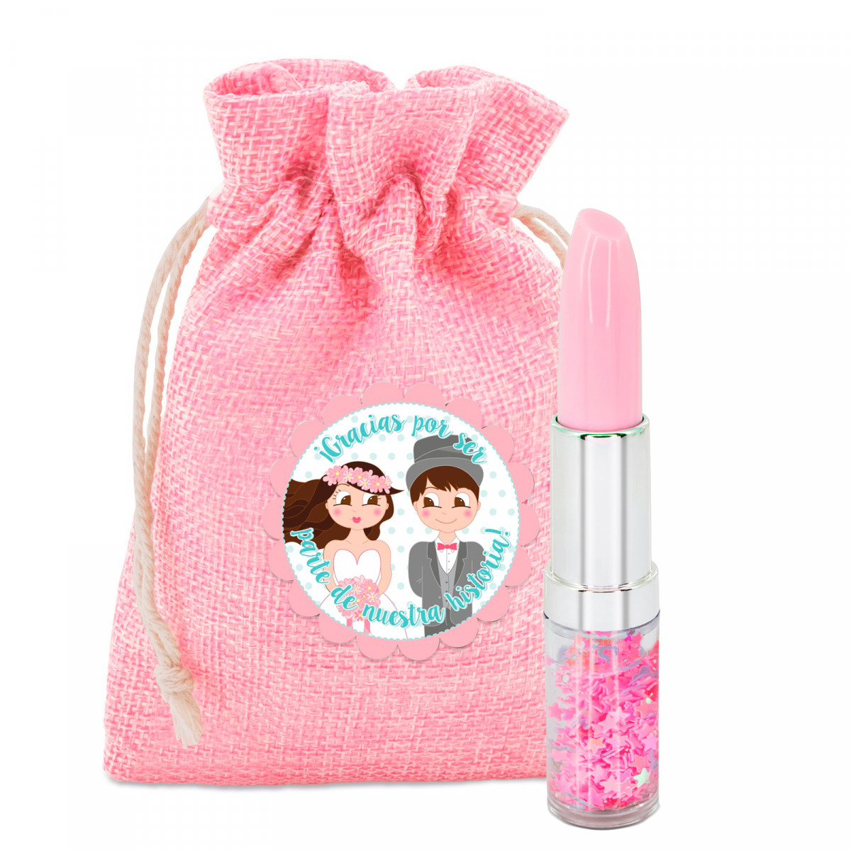 Caneta batom em bolsa de pano rosa com adesivo personalizado para detalhes