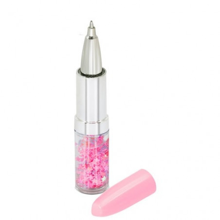 Caneta batom em bolsa de pano rosa com adesivo personalizado para detalhes