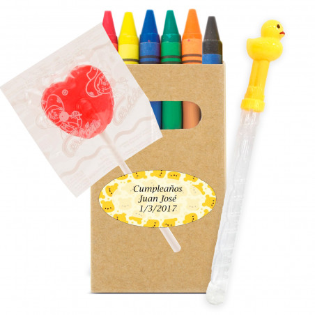 Lápis de cera coloridos personalizados com um pirulito e um soprador de bolhas em formato de pato para detalhes