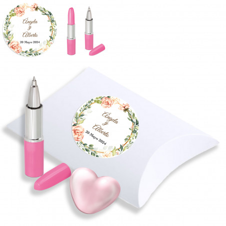 Caneta e gloss labial em formato rosa com estojo personalizado para casamento