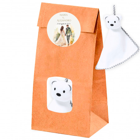 Dou-Dou em saco kraft com janela transparente e adesivo personalizado para lembrancinhas de casamento