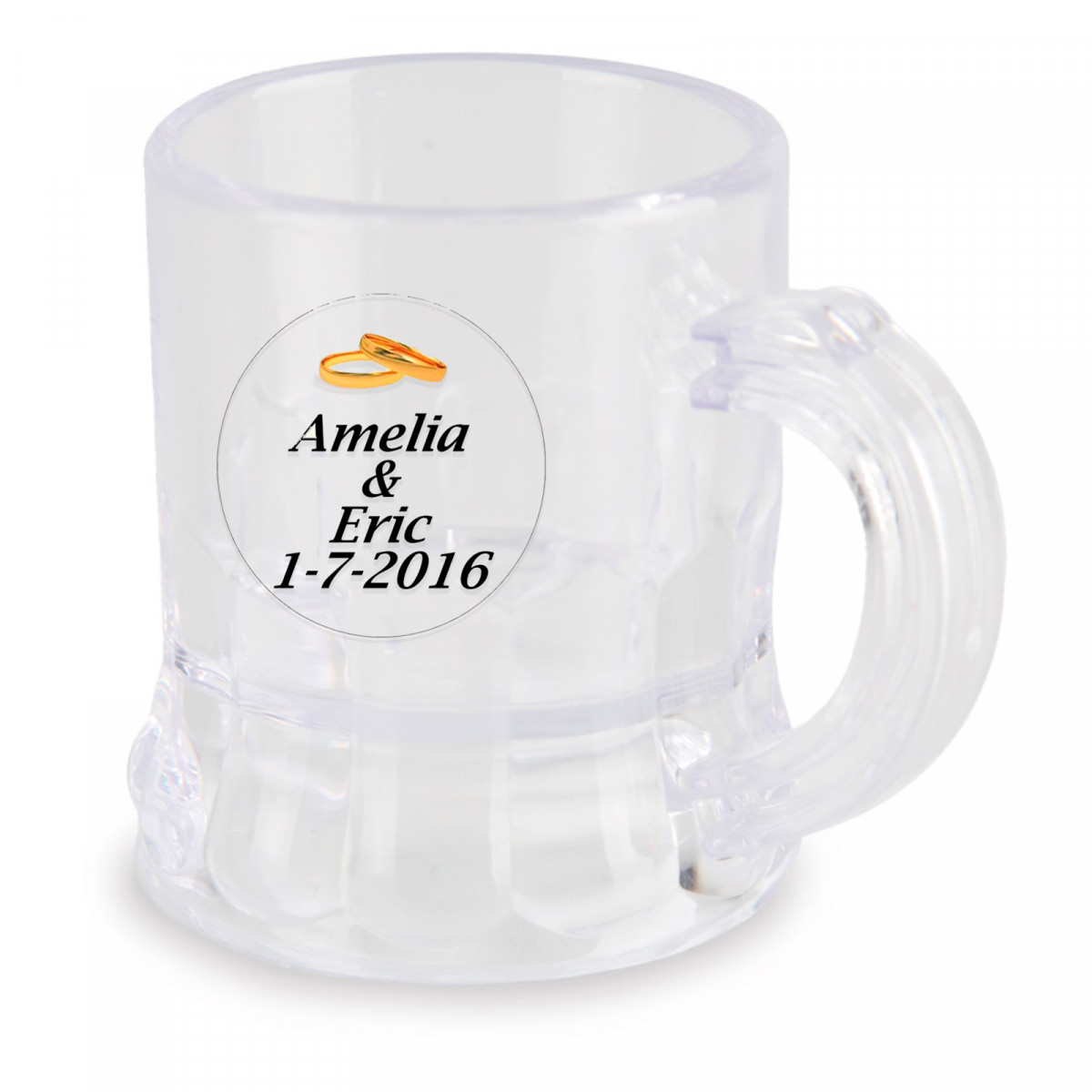 Copo shot com adesivo transparente personalizado para lembrancinhas de casamento