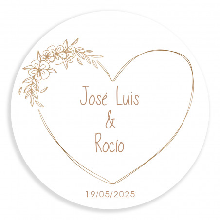 Adesivo de 5cm com coração com linhas minimalistas redondo personalizável para casamentos