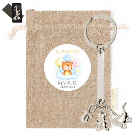 Chaveiro com chanfros de metal com bolsa de pano e adesivo personalizável para detalhes