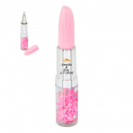 Caneta batom rosa com adesivo personalizado para detalhes de casamentos