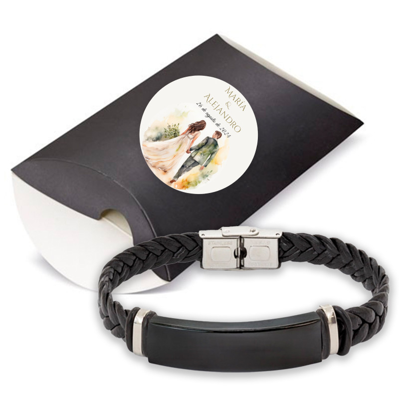 Pulseira de aço preta em caixa kraft preta com adesivo personalizável para lembrancinhas de casamento