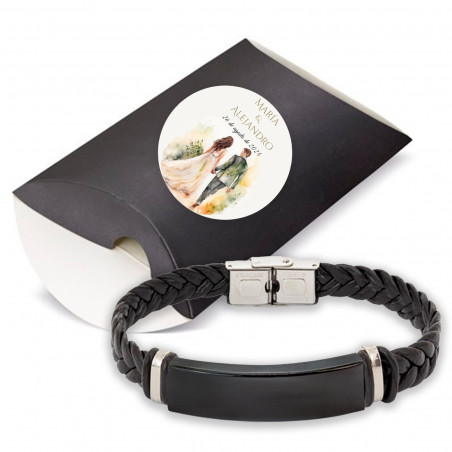 Pulseira de aço preta em caixa kraft preta com adesivo personalizável para lembrancinhas de casamento