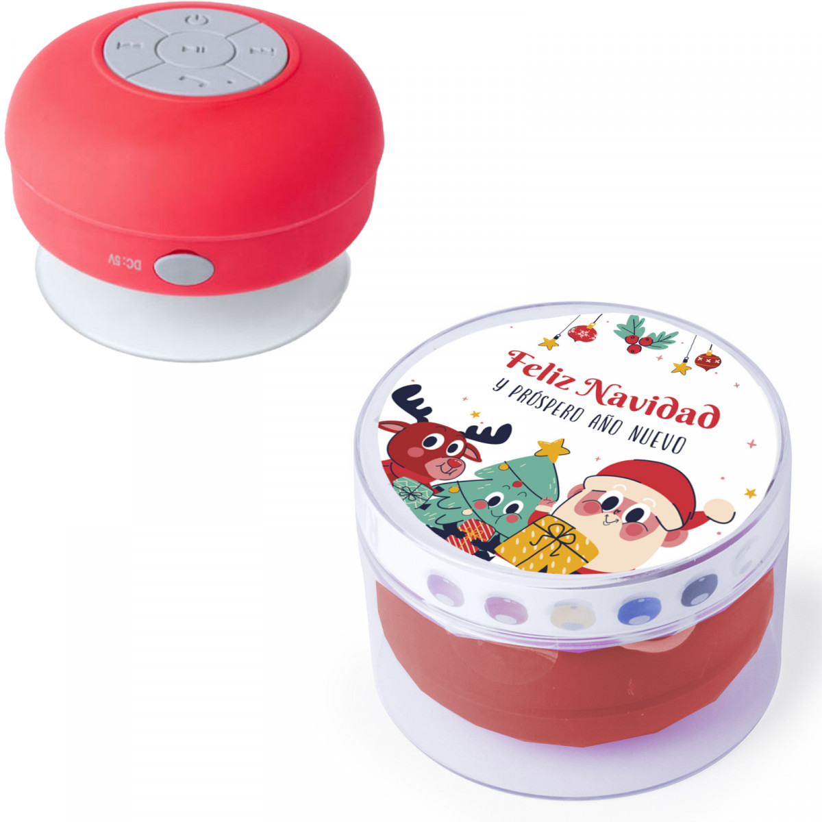 Caixa de som Bluetooth vermelha à prova d'água com adesivo especial de Natal com Papai Noel e amigos