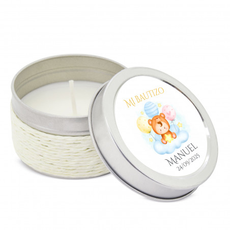 Vela branca perfumada com adesivo de urso personalizável para batismo