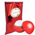 Protetor labial esférico vermelho em bolsa metálica e adesivo personalizado para o Natal.