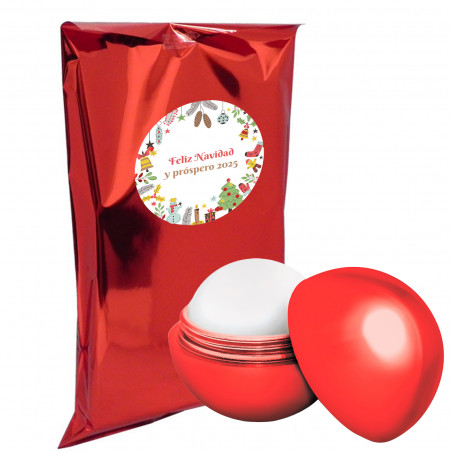 Protetor labial esférico vermelho em bolsa metálica e adesivo personalizado para o Natal.