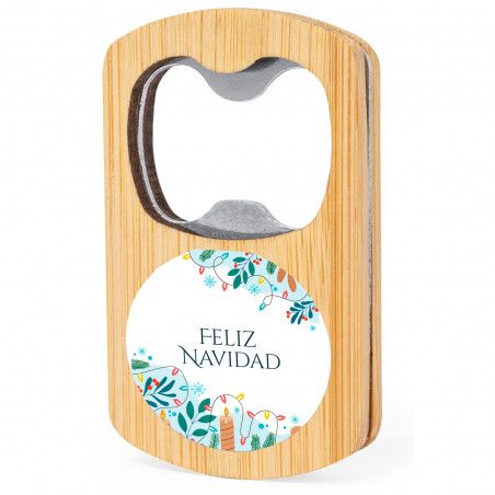 Abridor de garrafas de bambu com adesivo de natal personalizável