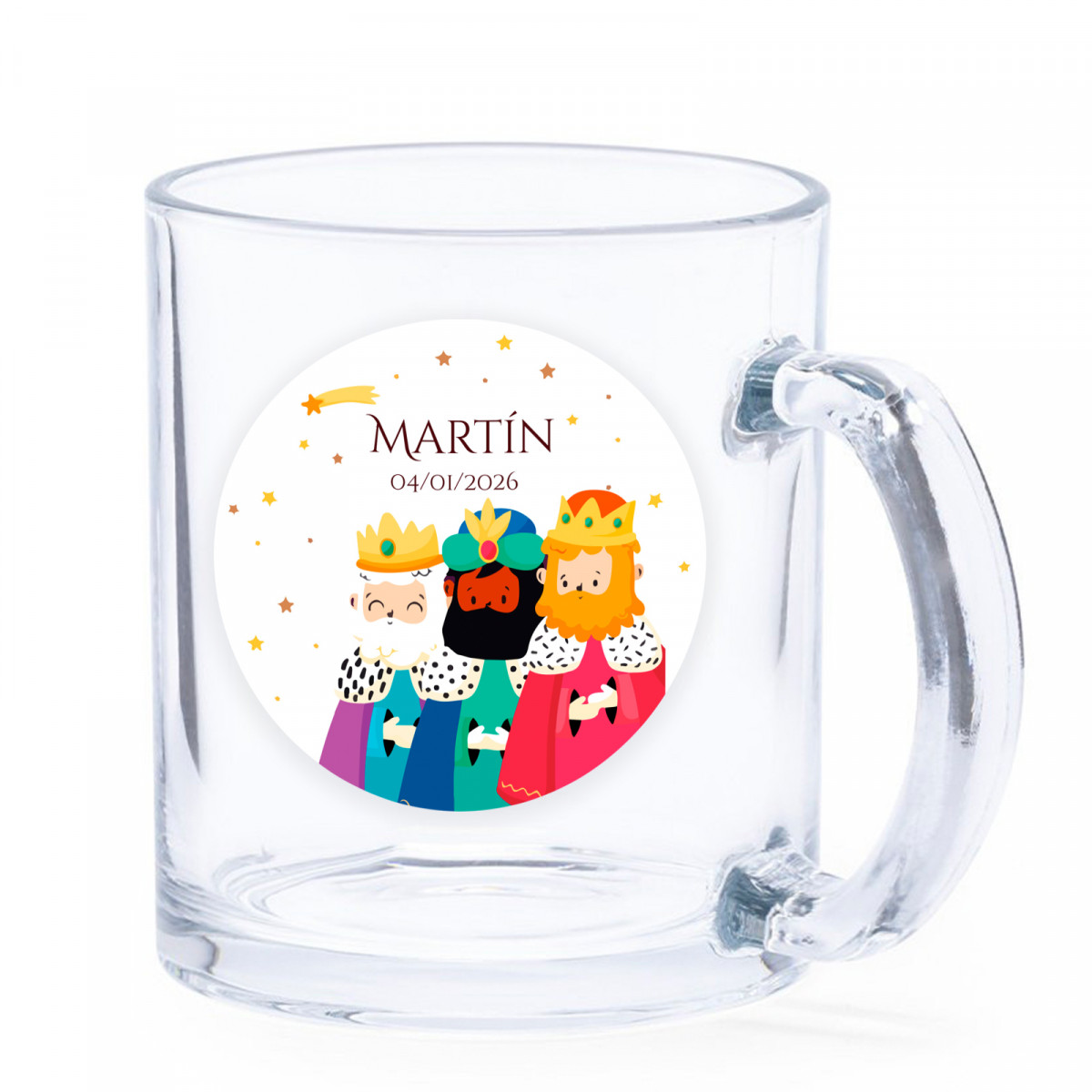 Caneca de vidro de Natal com adesivo personalizável dos Três Reis Magos para mais detalhes