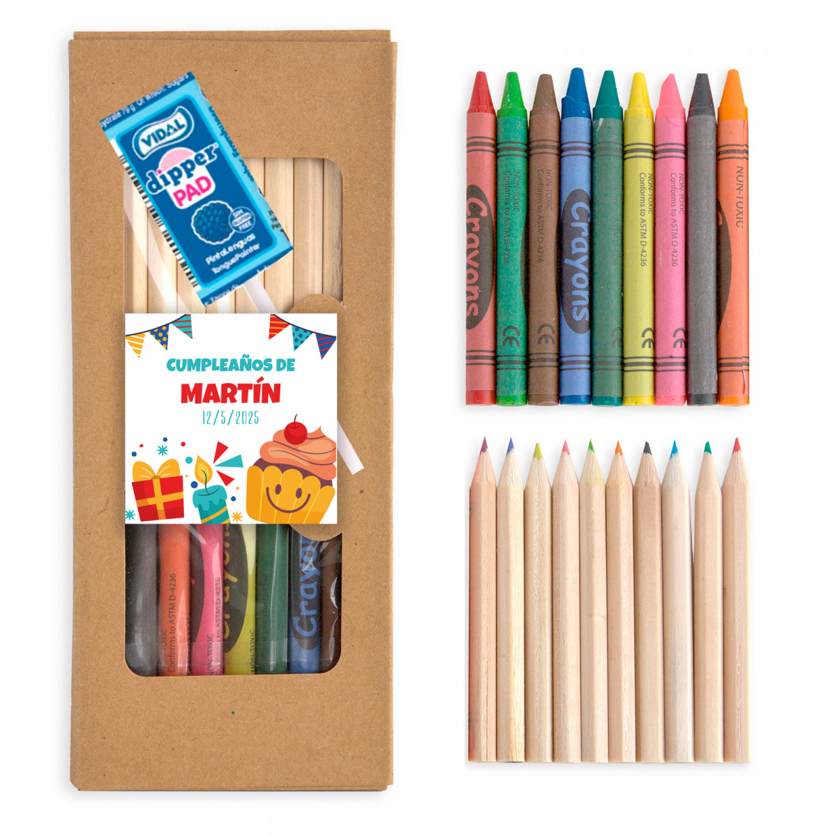 Cores e ceras para colorir em estojo com adesivo personalizável e dipper para detalhes