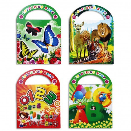 Livro para colorir com estojo de giz de cera vermelho apresentado em bolsa metalizada e adesivo personalizado de aniversário