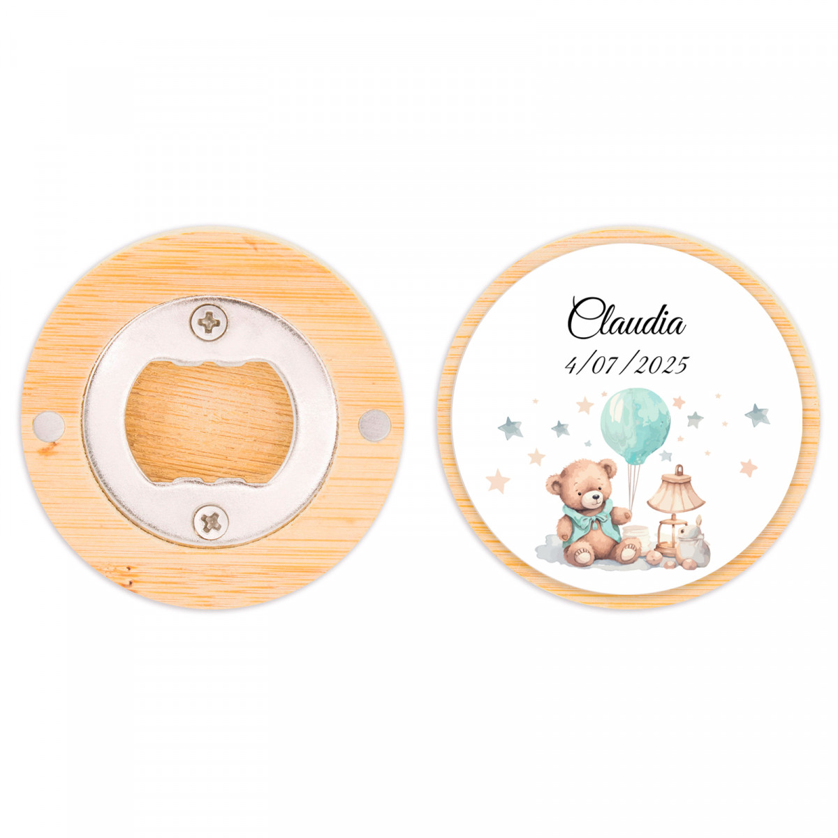 Abridor de garrafas de bambu personalizado para lembrancinhas de batizado