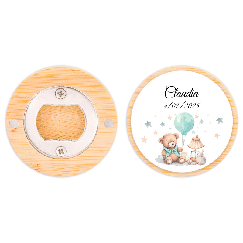 Abridor de garrafas de bambu personalizado para lembrancinhas de batizado