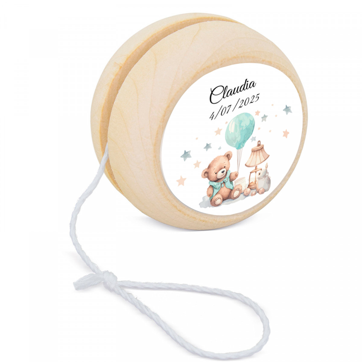 Yoyo de madeira personalizado com adesivo para batizado