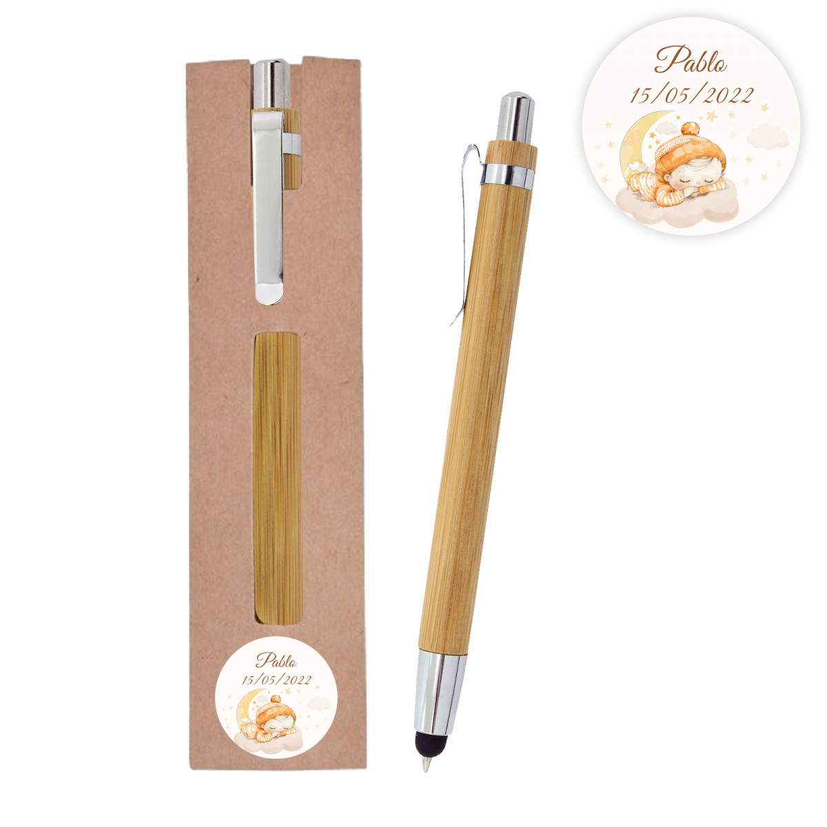Caneta de bambu com ponteiro táctil em embalagem de papelão personalizada com adesivo para batismo