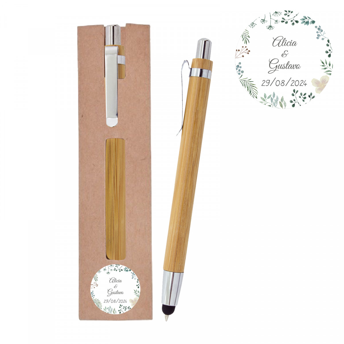 Caneta de Bambu com Ponta para Telas Touch e Adesivo Personalizado