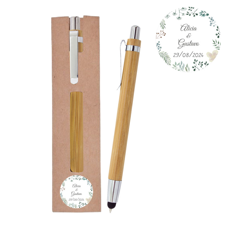 Caneta de Bambu com Ponta para Telas Touch e Adesivo Personalizado