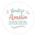 Adesivos editáveis de 3cm adaptáveis para personalizar detalhes de eventos com fontes nas cores turquesa e avermelhada