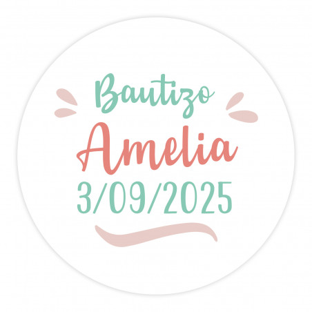 Adesivos editáveis de 3cm adaptáveis para personalizar detalhes de eventos com fontes nas cores turquesa e avermelhada
