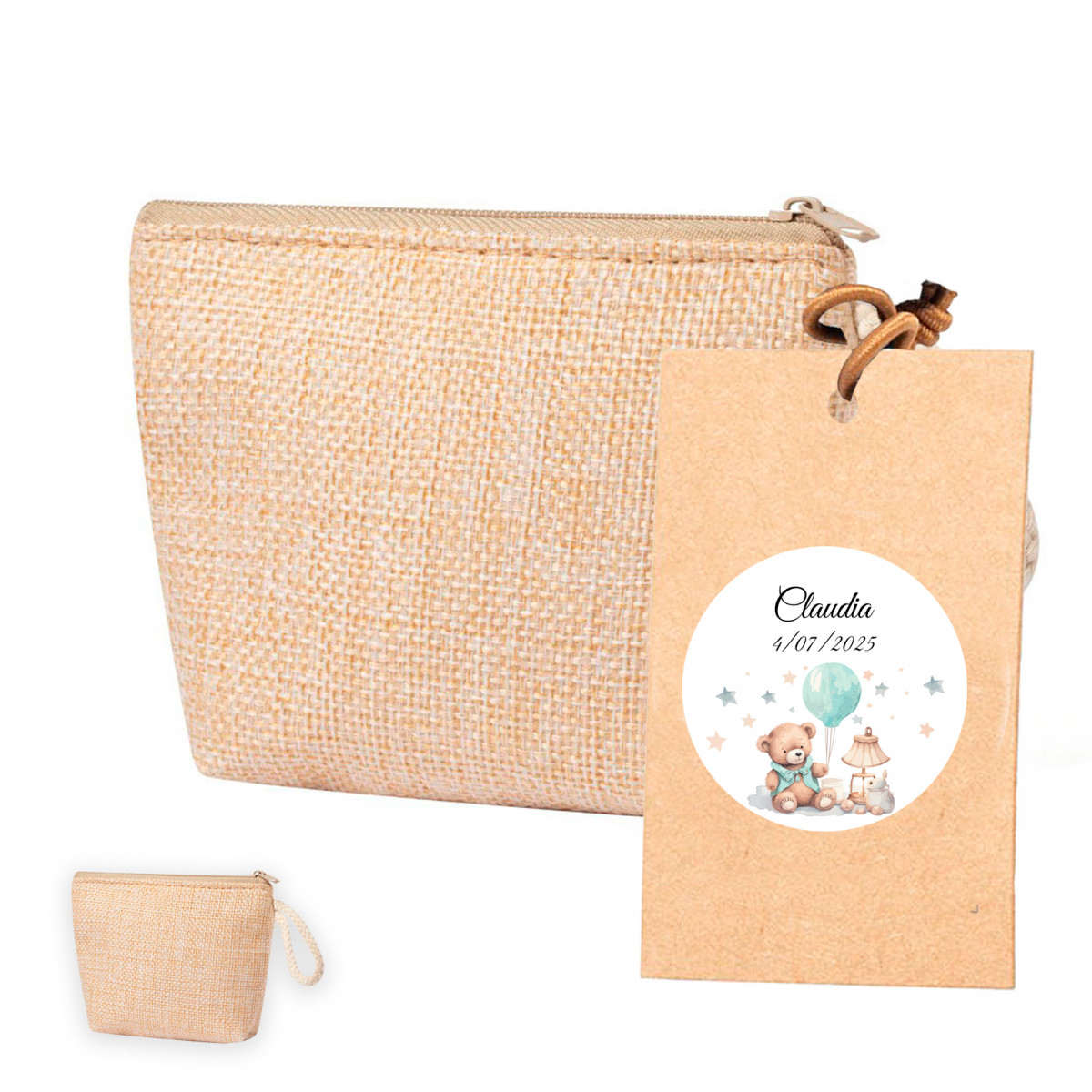 Bolsa com tag personalizada para pendurar com detalhes de batizado