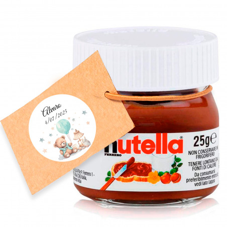 Nutella 25 gr. com etiqueta pendurada personalizada para detalhes de batizado