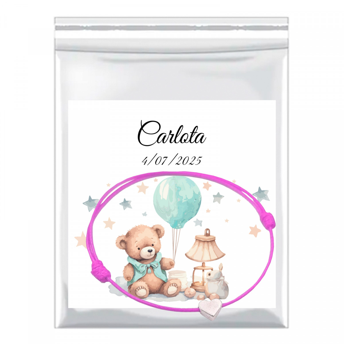 Pulseira coração fio rosa com cartão de batismo personalizado em saquinho de apresentação